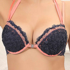 Brachy Women Blue Halter Neck Padded Underwired Bra With Lace Mid Waist Pantie Lingerie Set