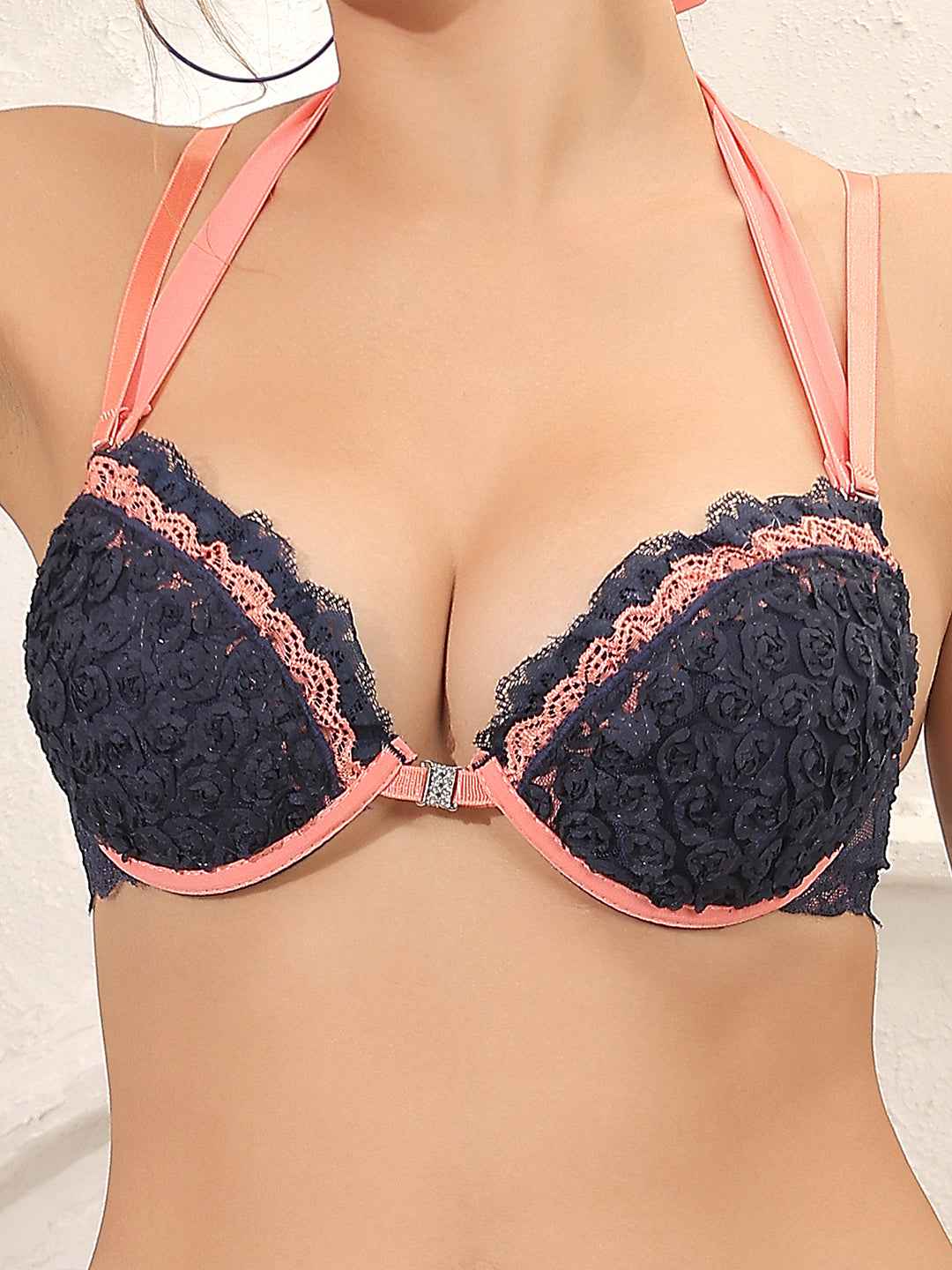 Brachy Women Blue Halter Neck Padded Underwired Bra With Lace Mid Waist Pantie Lingerie Set