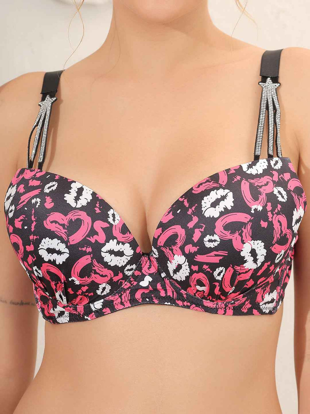 Brachy Women Printed Padded Wired Push Up Bra with Sexy Shine Seamless Thong Panty Lingerie Set