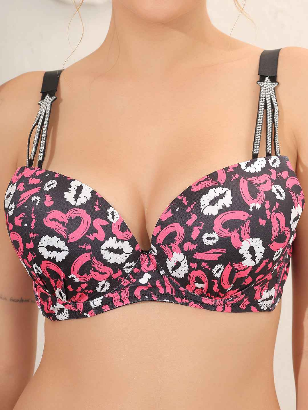 Brachy Women Printed Padded Wired Push Up Bra with Sexy Shine Seamless Thong Panty Lingerie Set