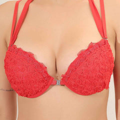 Brachy Women Red Bridal Halter Neck Padded Underwired Bra With Lace Mid Waist Pantie Lingerie Set