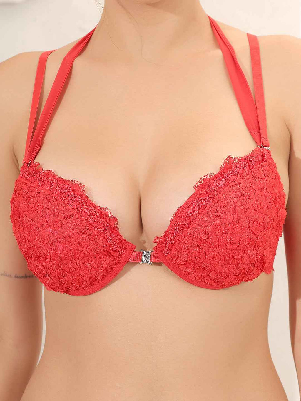Brachy Women Red Bridal Halter Neck Padded Underwired Bra With Lace Mid Waist Pantie Lingerie Set