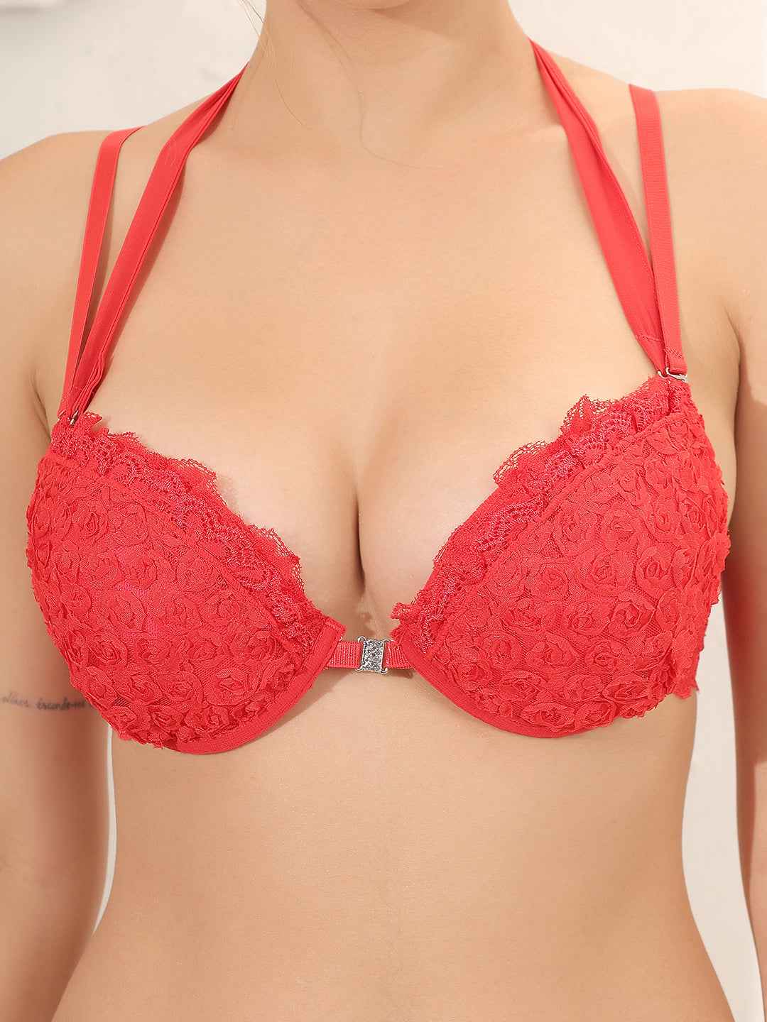 Brachy Women Red Bridal Halter Neck Padded Underwired Bra With Lace Mid Waist Pantie Lingerie Set