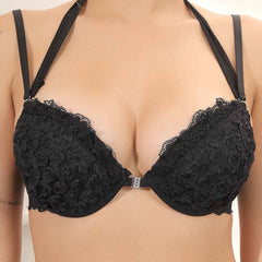 Brachy Women Black Halter Neck Padded Underwired Bra With Lace Mid Waist Pantie Lingerie Set