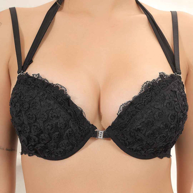 Brachy Women Black Halter Neck Padded Underwired Bra With Lace Mid Waist Pantie Lingerie Set
