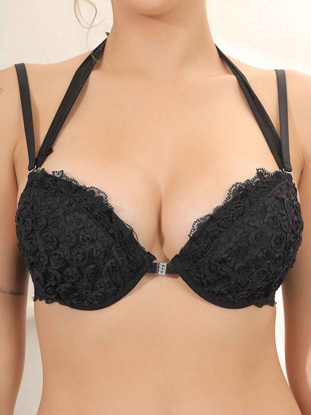 Brachy Women Black Halter Neck Padded Underwired Bra With Lace Mid Waist Pantie Lingerie Set