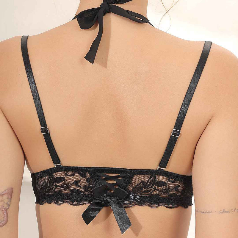 Brachy Women Black Halter Neck Padded Underwired Bra With Lace Mid Waist Pantie Lingerie Set