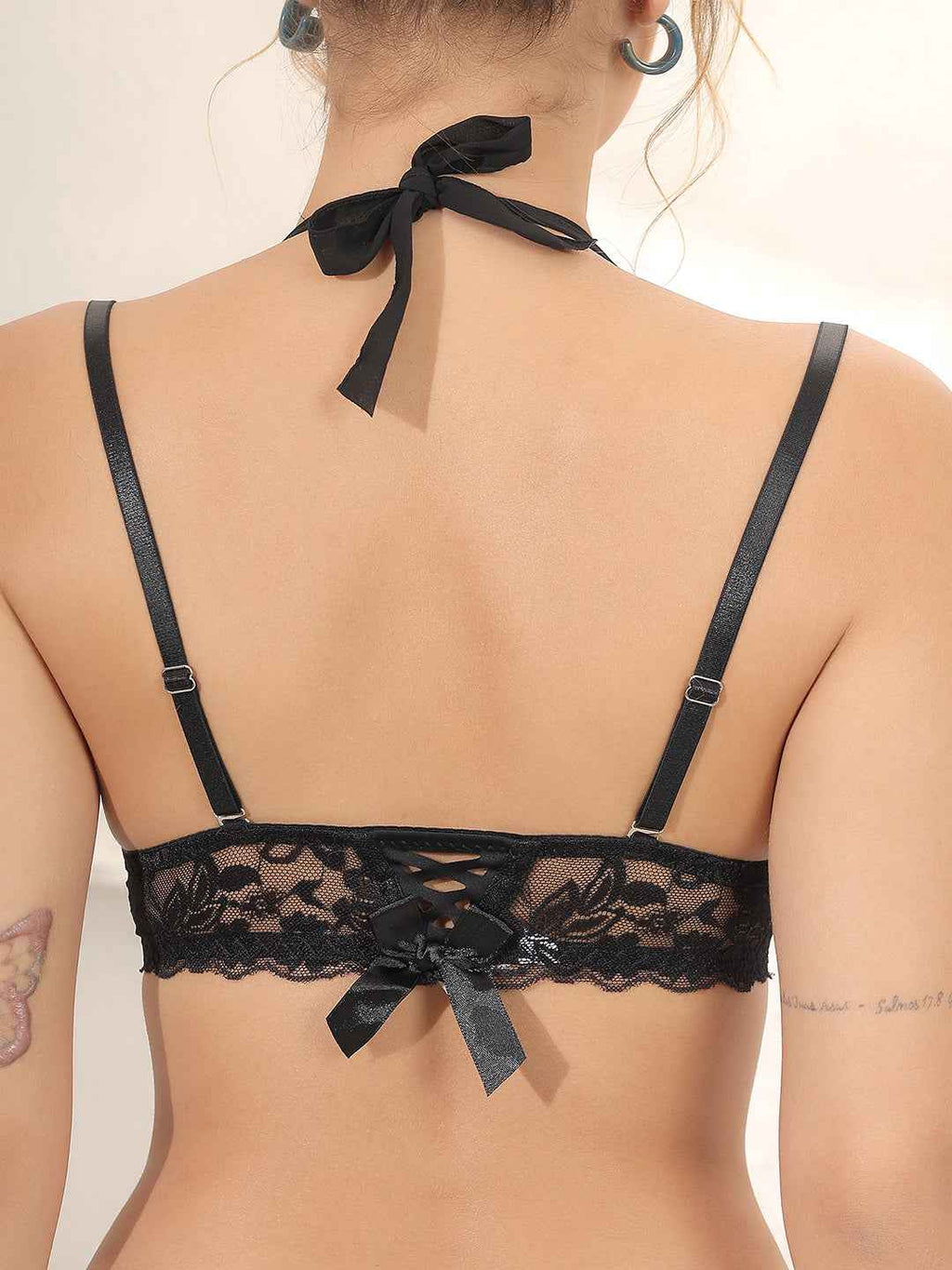 Brachy Women Black Halter Neck Padded Underwired Bra With Lace Mid Waist Pantie Lingerie Set