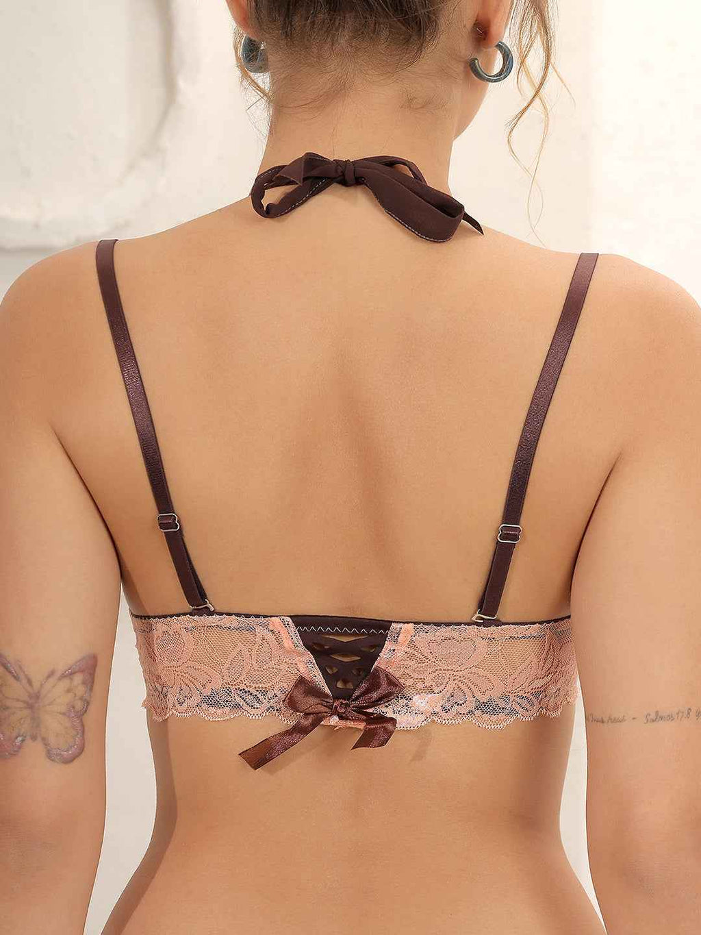 Brachy Women Peach Halter Neck Padded Underwired Bra With Lace Mid Waist Pantie Lingerie Set