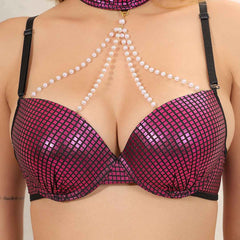 Women Magenta Sequined Sexy Sparkly Crystal Disco Club Bra and Mid Waist Shiny Panty Lingerie Set