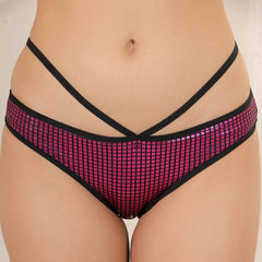 Women Magenta Sequined Sexy Sparkly Crystal Disco Club Bra and Mid Waist Shiny Panty Lingerie Set