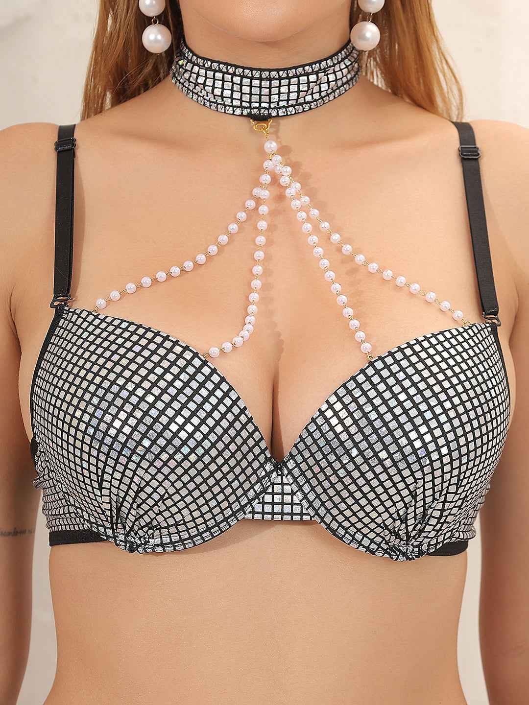 Women Silver Sequined Sexy Sparkly Crystal Disco Club Bra and Mid Waist Shiny Panty Lingerie Set