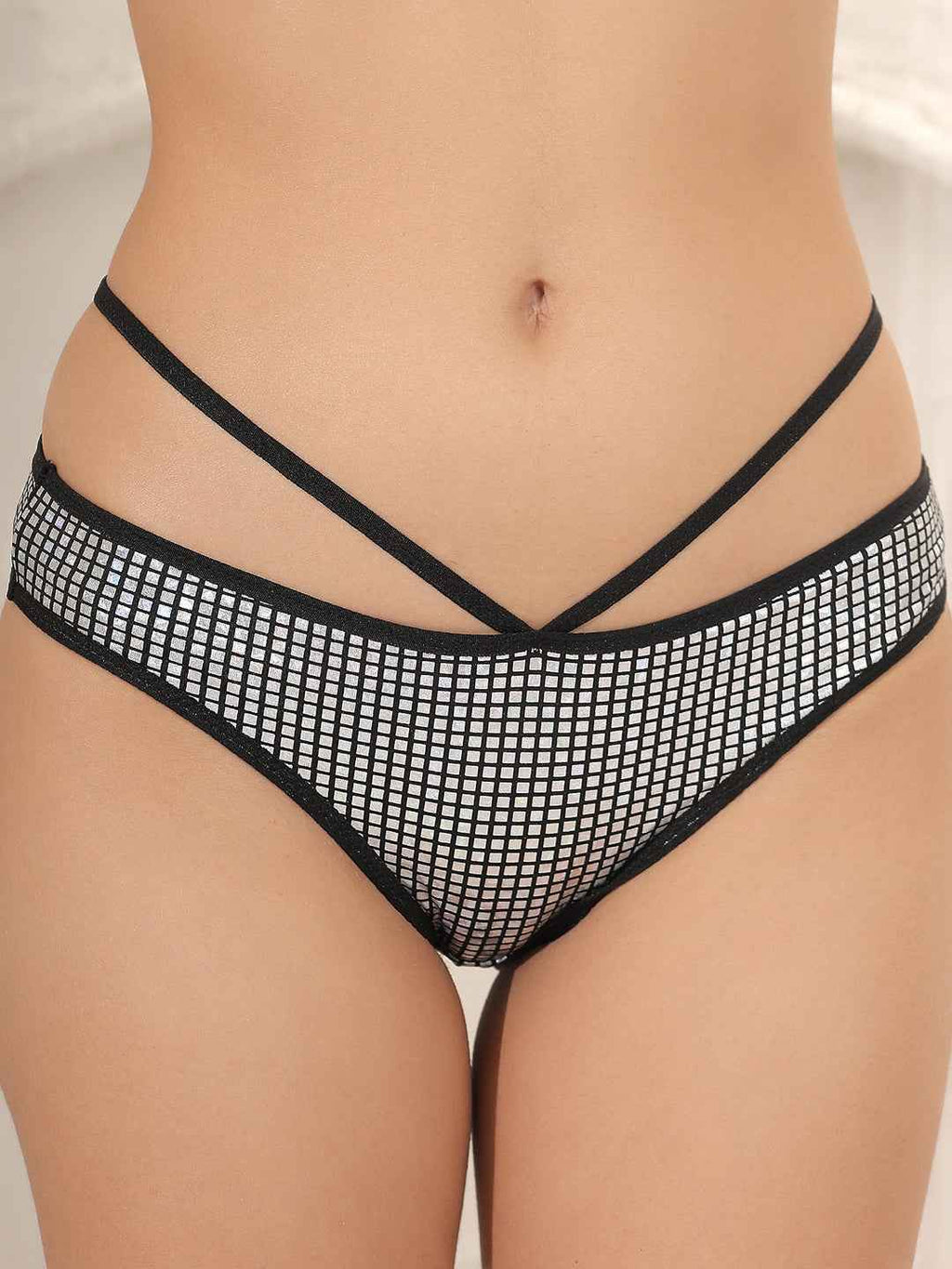 Women Silver Sequined Sexy Sparkly Crystal Disco Club Bra and Mid Waist Shiny Panty Lingerie Set