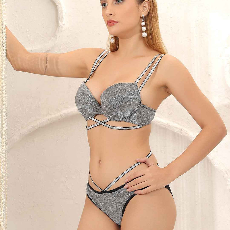 Brachy Women Luxury Sexy Sparkly Crystal Diamond Club Bra and Mid Waist Shiny Panty Lingerie Set