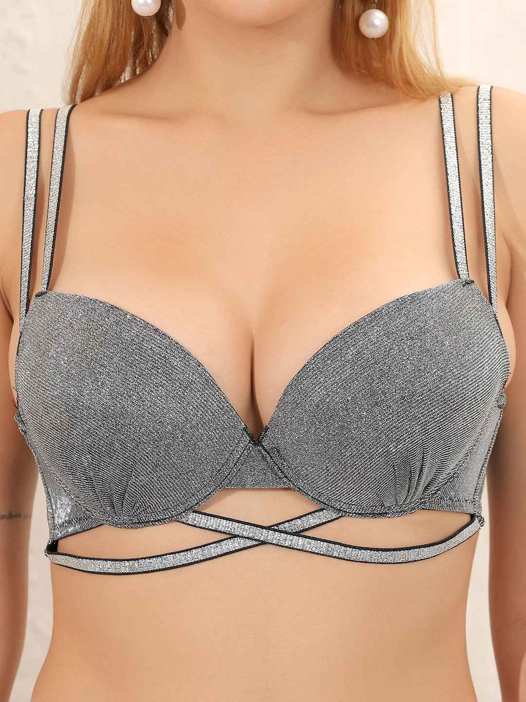 Brachy Women Luxury Sexy Sparkly Crystal Diamond Club Bra and Mid Waist Shiny Panty Lingerie Set
