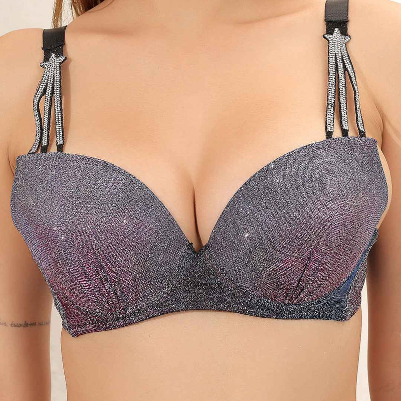 Women Colorblocked Sexy Sparkly Crystal Diamond Club Bra and Mid Waist Shiny Panty Lingerie Set