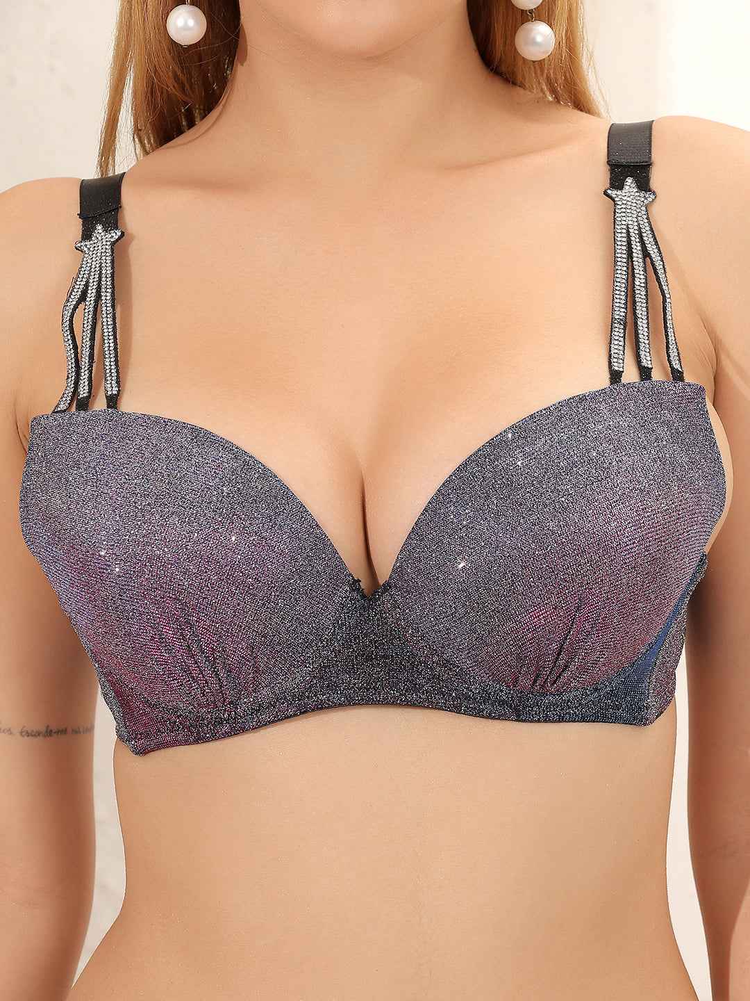 Women Colorblocked Sexy Sparkly Crystal Diamond Club Bra and Mid Waist Shiny Panty Lingerie Set