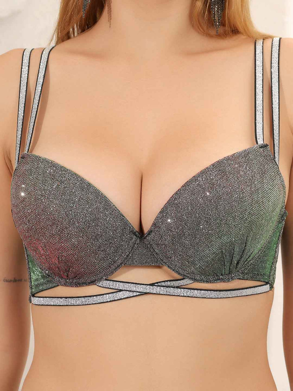 Brachy Women for Honeymoon Sexy Sparkly Crystal Diamond Club Bra and Mid Waist Shiny Panty Lingerie Set