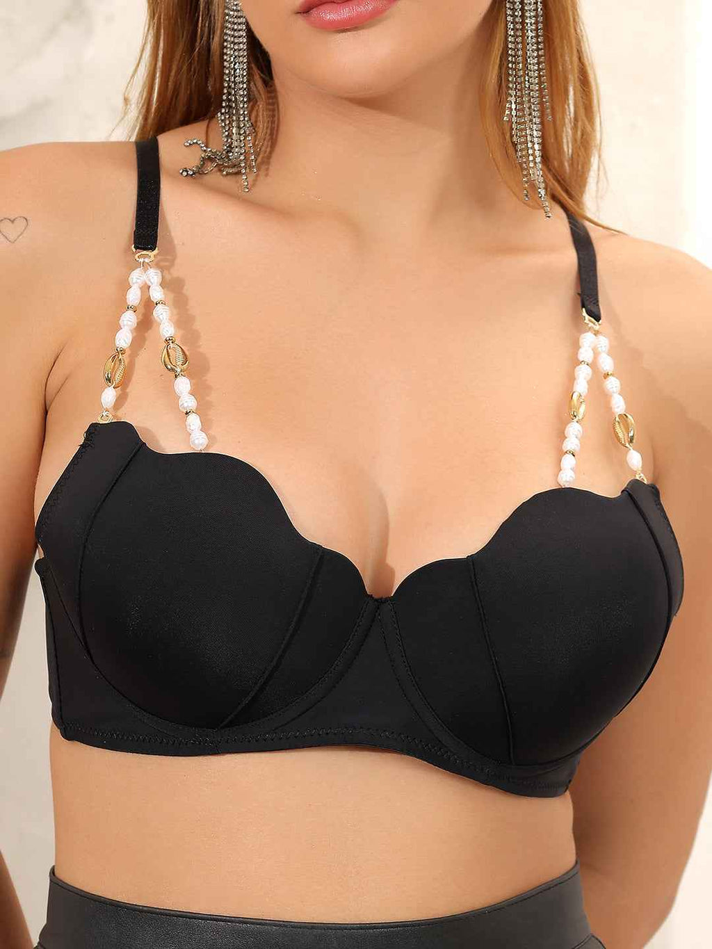 Women Luxury Collection Lightly Padded Underwired Sexy Balconette Bra with Pearls Golden Strap