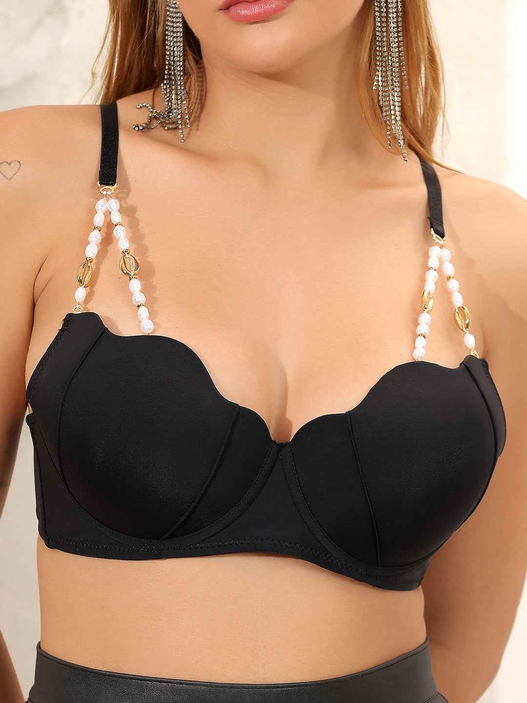 Women Luxury Collection Lightly Padded Underwired Sexy Balconette Bra with Pearls Golden Strap