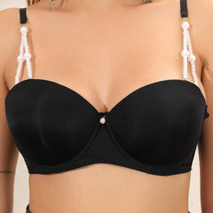 Brachy Women Lightly Padded Underwired Sexy Balconette Bra with Pearls Strap