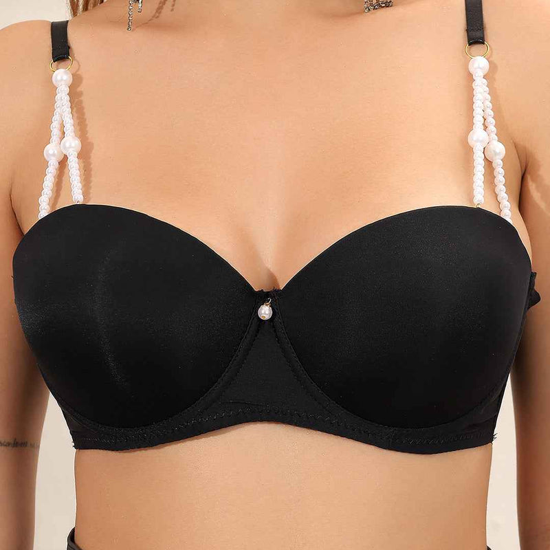 Brachy Women Lightly Padded Underwired Sexy Balconette Bra with Pearls Strap