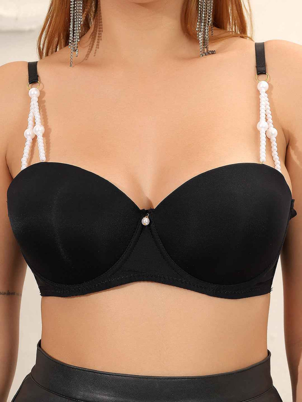 Brachy Women Lightly Padded Underwired Sexy Balconette Bra with Pearls Strap