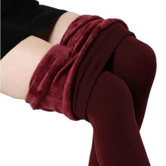 Plus Size Women Maroon Comfort Fleece Footed Fur Stocking Winter Wear Extra Warm, Woolen High Waisted Lined Thigh Highs
