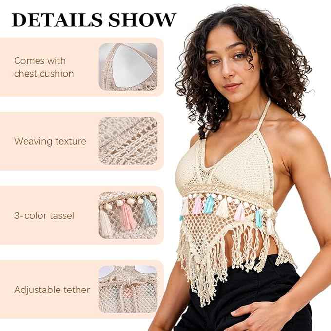 Brachy Women Plus Size Summer Tassels Knit Beach Crochet Top Bralette Knit Bra Bikini