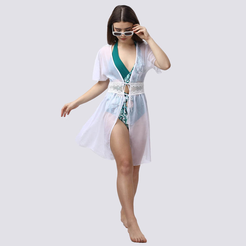 SOIE Woman - Crocheted Half Sleeves White Sheer Robe Cover Up - -for Women