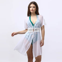 SOIE Woman - Crocheted Half Sleeves White Sheer Robe Cover Up - -for Women