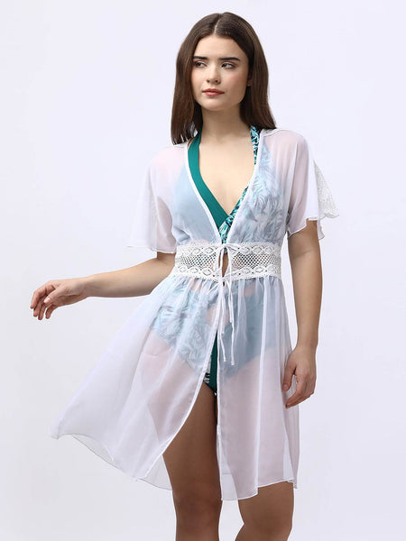 SOIE Woman - Crocheted Half Sleeves White Sheer Robe Cover Up - -for Women