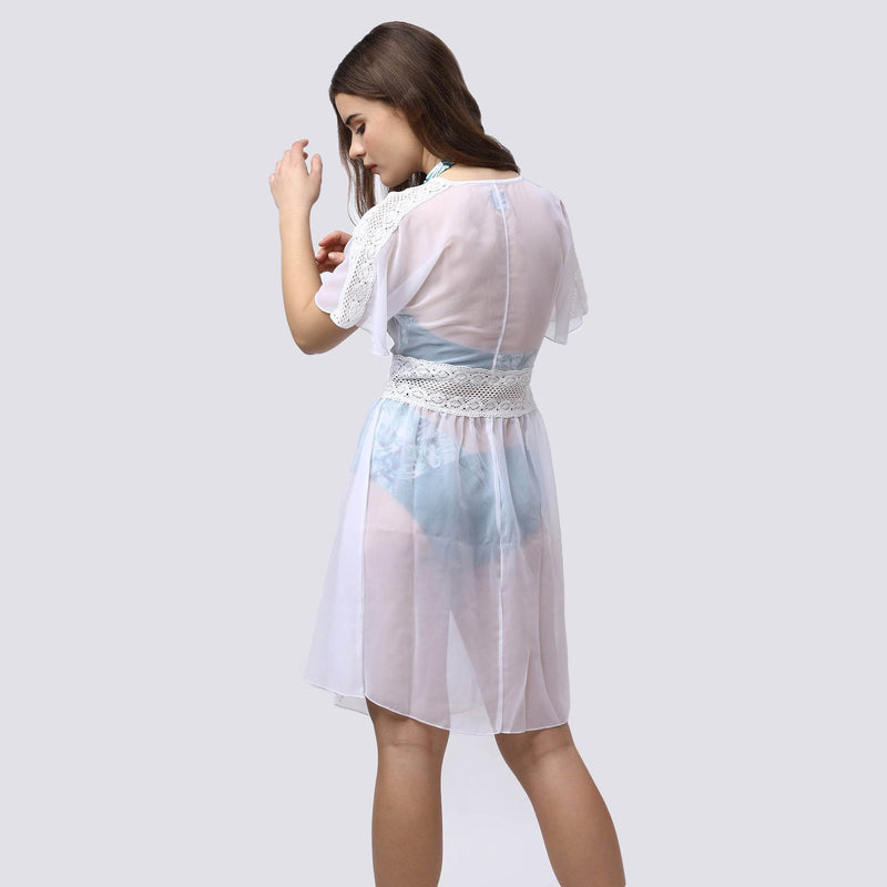 SOIE Woman - Crocheted Half Sleeves White Sheer Robe Cover Up - -for Women