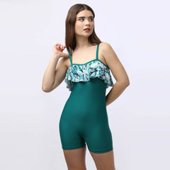 SOIE Woman - Tropical Printed Ruffled Neckline Mid Thigh Length Solid Swimsuit - -for Women