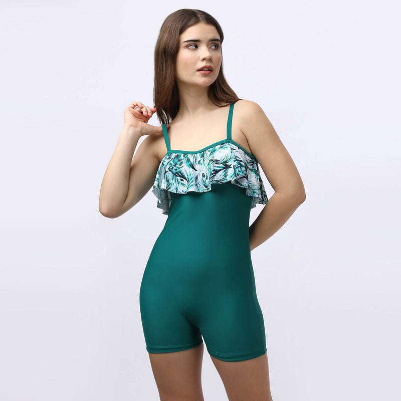 SOIE Woman - Tropical Printed Ruffled Neckline Mid Thigh Length Solid Swimsuit - -for Women