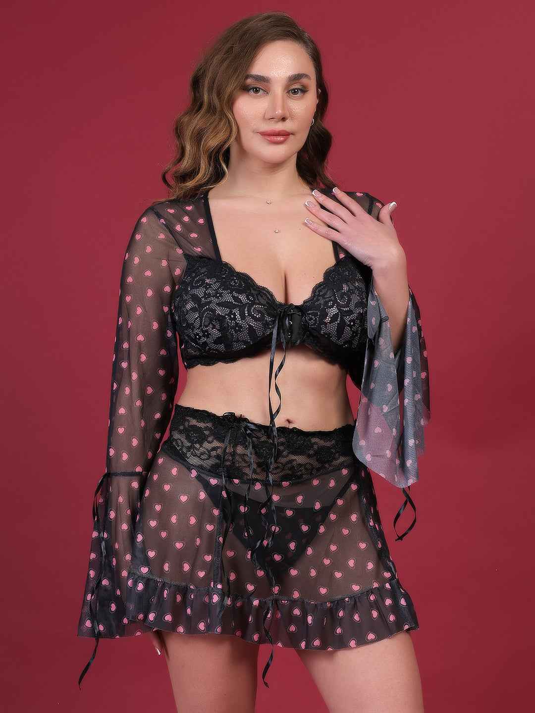 Brachy Women Hot Black Self Design Nightwear Baby Doll Lingerie