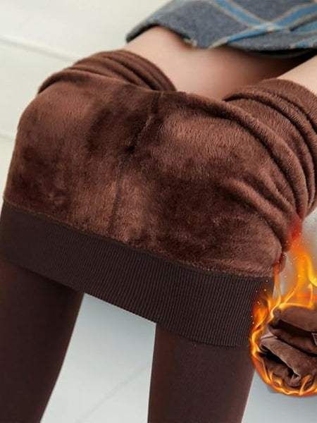 Women Brown Kashmiri Solid Footed Warm Thick Fur Thermal Bottom High Waist Stockings - Brachy