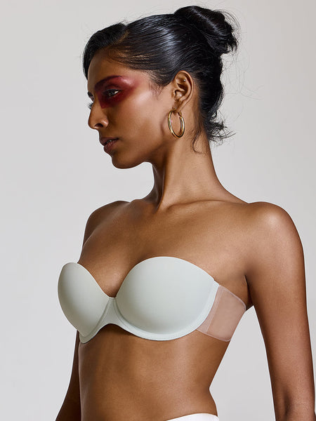 MAROON Free Transparent Belt Strapless Seamless Silicone Invisible Bra Breast Lifting Dress Half Coverage Nylon Lightly Padded Transparent Back Underwire Stick-on Bra. White