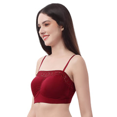 SOIE Woman - Non Wired Micro Modal Stretch Lacy Bandeau Bra with Removable Pads and Detachable Straps - Lacy Bra -for Women