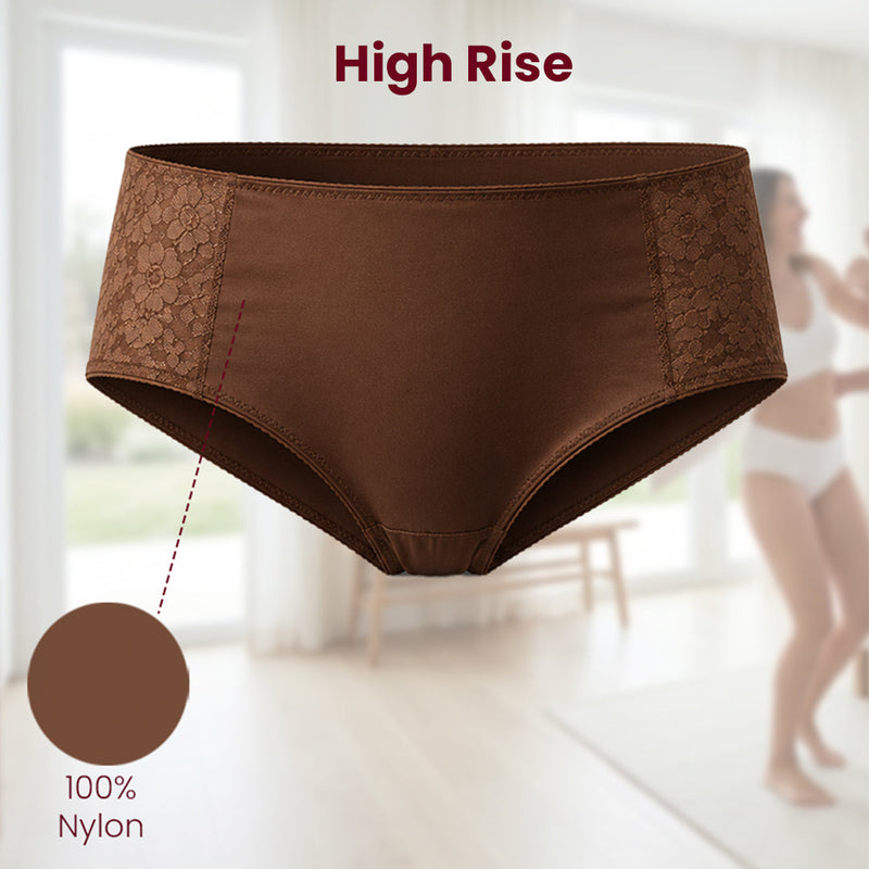 MAROON Find My Skin Tone Nylon Spandex High Rise Briefs Soft Stretchy Full Coverage High Waist Hold Zero Roll Grip Vanishing Waistband Hipster Pack of 2 Panties. Caramel,Chocolate