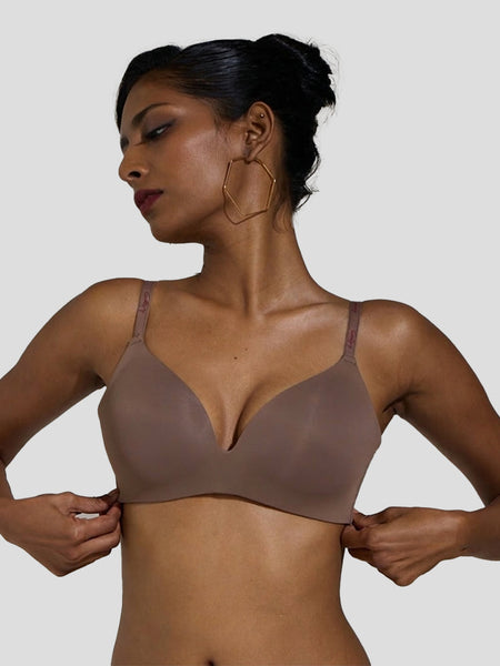 MAROON Velour Lift Find My Skin Tone Seamless Padded Plunge Deeper Cleavage Signature Straps Women Everyday T-Shirt Bra - Chocolate