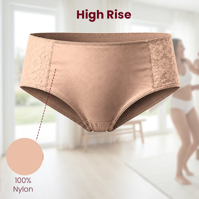 MAROON Find My Skin Tone Nylon Spandex High Rise Briefs Soft Stretchy Full Coverage High Waist Hold Zero Roll Grip Vanishing Waistband Hipster Pack of 2 Panties. Strawberry,Caramel