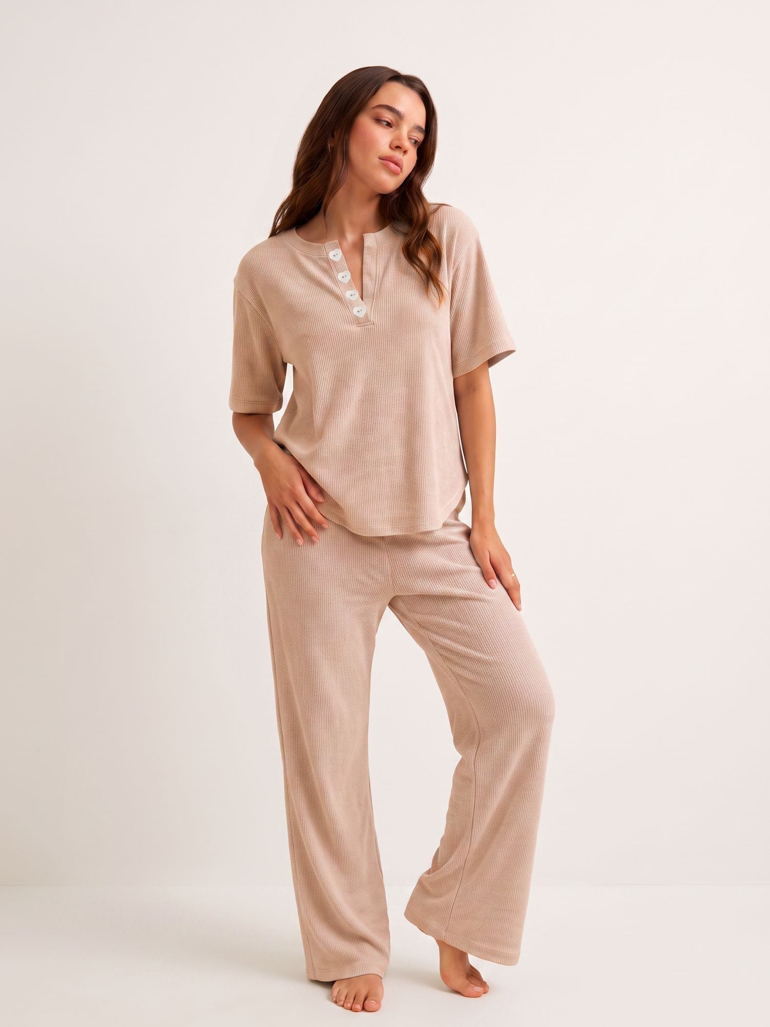 Women’s Premium Beige Waffle Pyjama Set