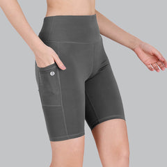 SOIE Woman - High Waist Knee Length Solid Sports Shorts With Pocket - Athleisure Shorts -for Women
