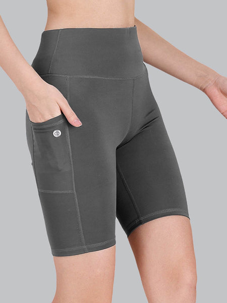 SOIE Woman - High Waist Knee Length Solid Sports Shorts With Pocket - Athleisure Shorts -for Women
