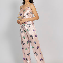 Light Pink Satin Butterfly Print Camisole & Pajama Set