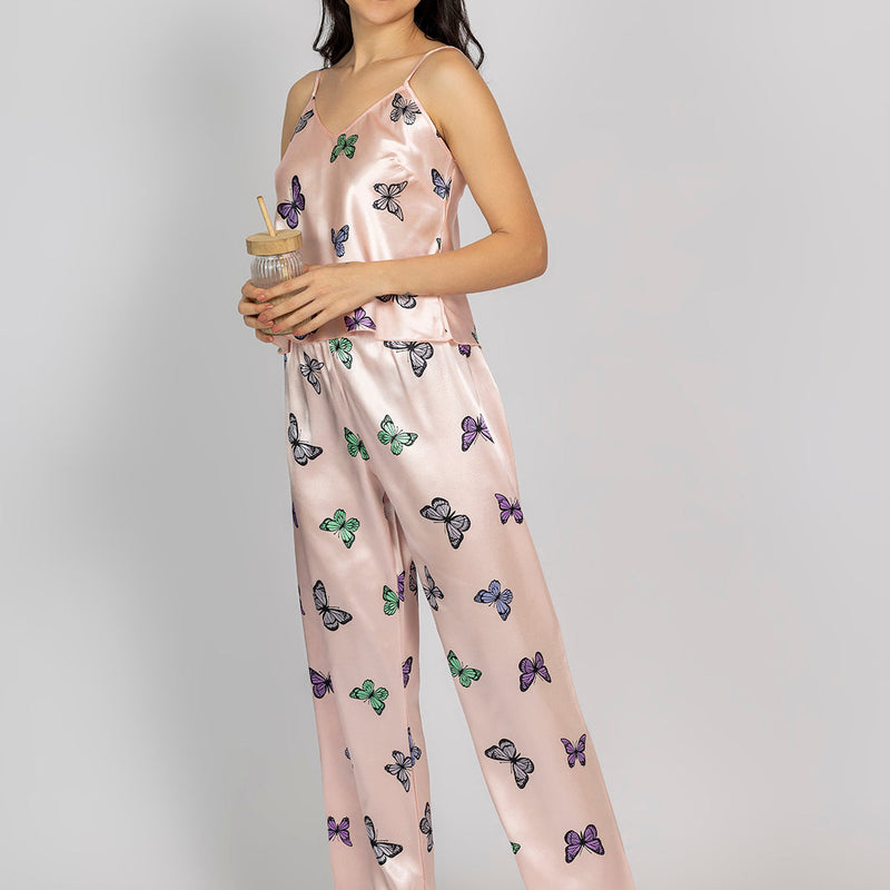 Light Pink Satin Butterfly Print Camisole & Pajama Set