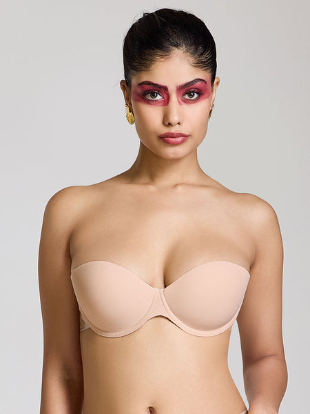 MAROON Free Transparent Belt Strapless Seamless Silicone Invisible Bra Breast Lifting Dress Half Coverage Nylon Lightly Padded Transparent Back Underwire Stick-on Bra. Nude