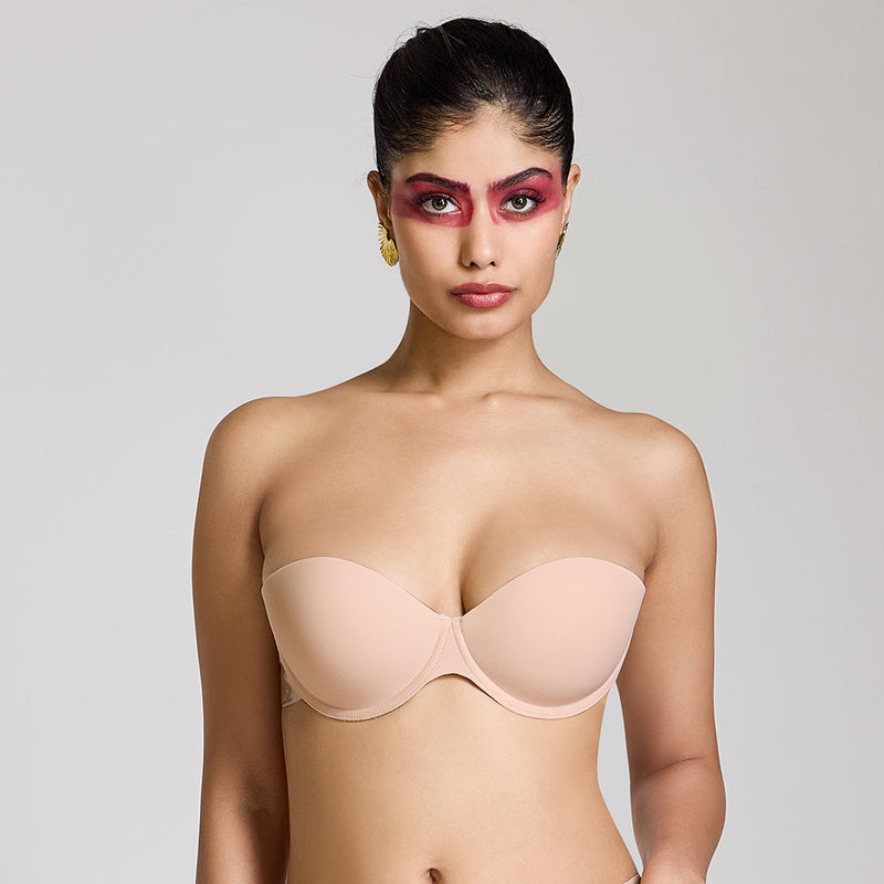 MAROON Free Transparent Belt Strapless Seamless Silicone Invisible Bra Breast Lifting Dress Half Coverage Nylon Lightly Padded Transparent Back Underwire Stick-on Bra. Nude