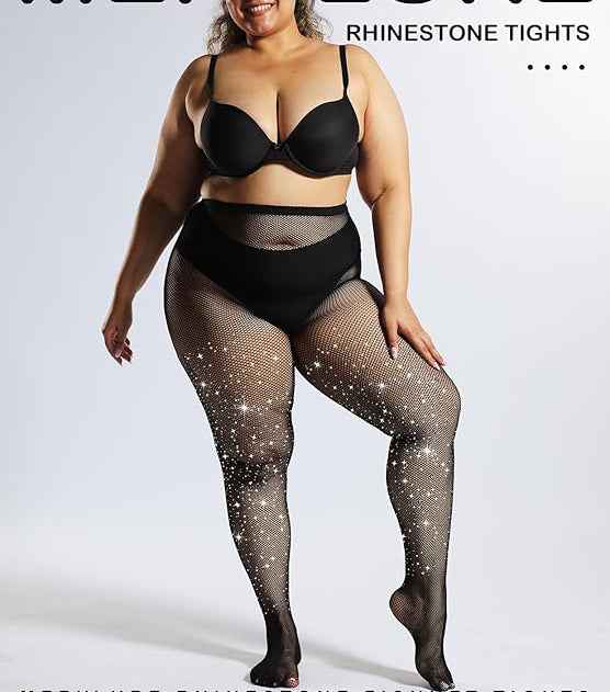 Women Plus Size Fishnet Stockings for Women Sparkly Rhinestone Fishnet Tights Glitter Fish Nets